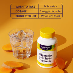 Healthy Origins Artichoke Extract bottle label highlights bile flow support.