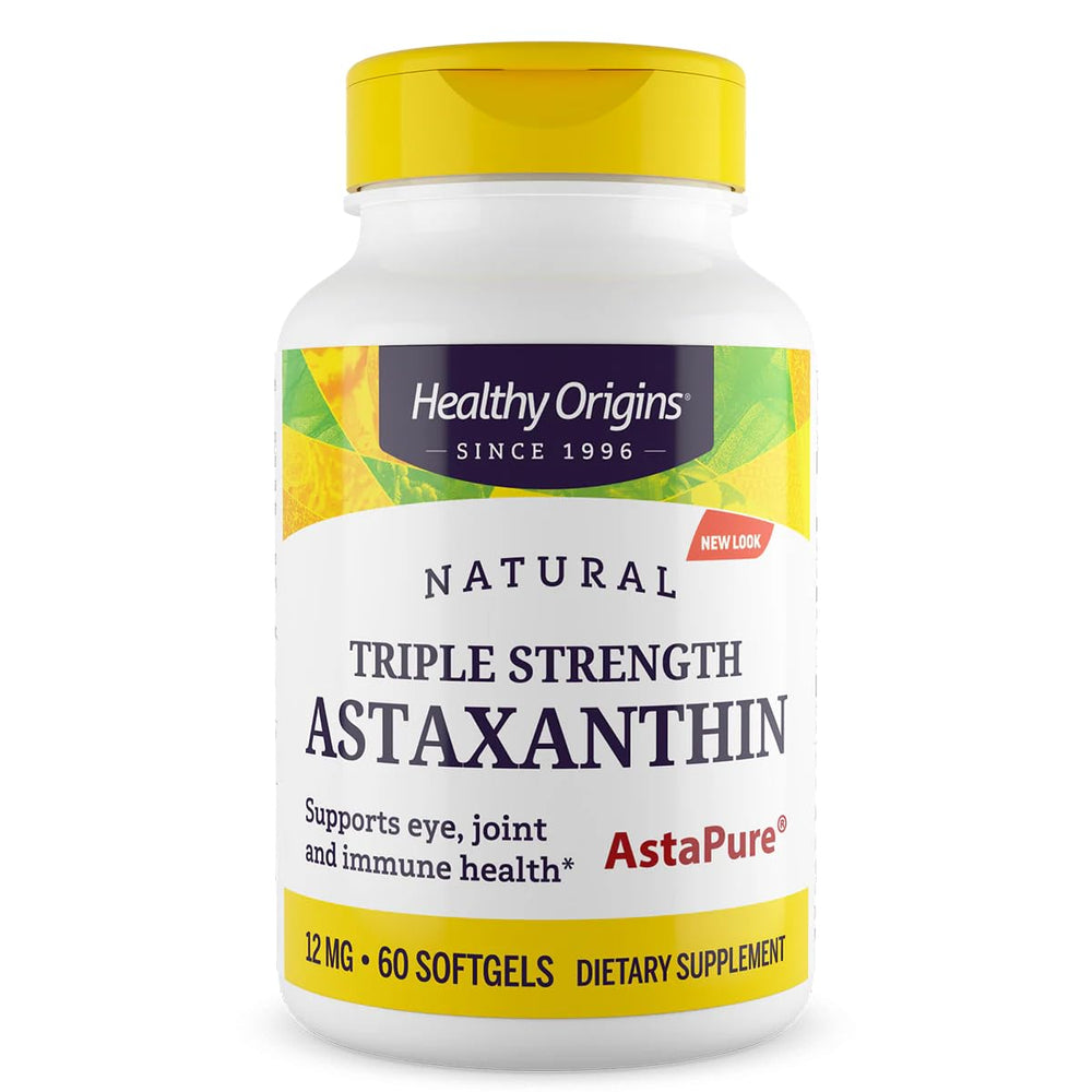 Healthy Origins Astaxanthin 12 mg softgel bottle showing triple-strength formula for immune and eye support
