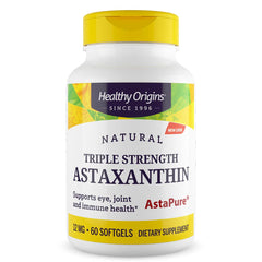 Healthy Origins Astaxanthin 12 mg softgel bottle showing triple-strength formula for immune and eye support