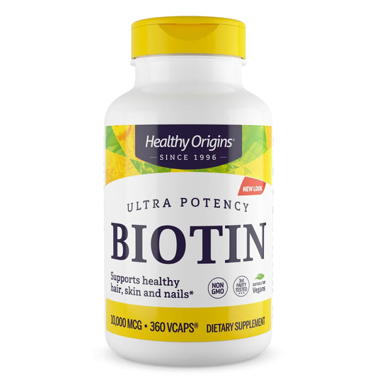 Healthy Origins Biotin 10,000 mcg bottle close-up for hair and nails support.