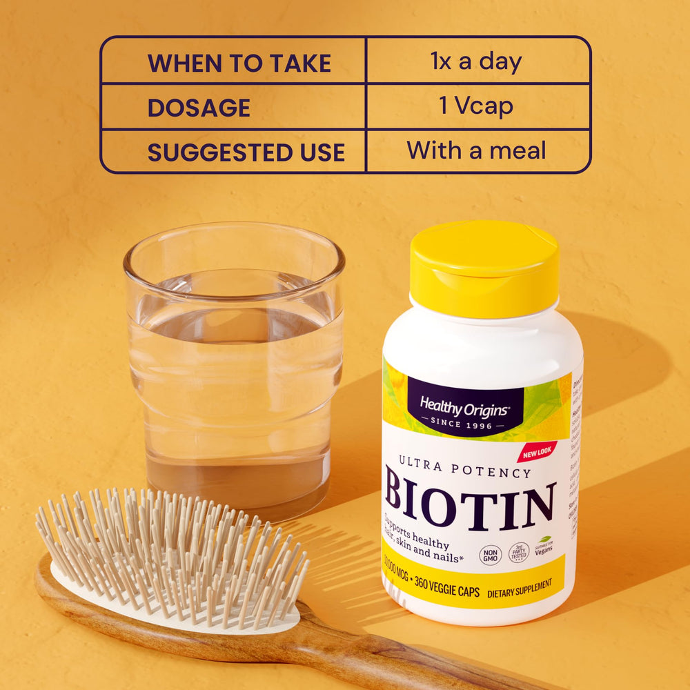 Healthy Origins Biotin gluten-free mark on bottle highlights allergy-friendly choice.