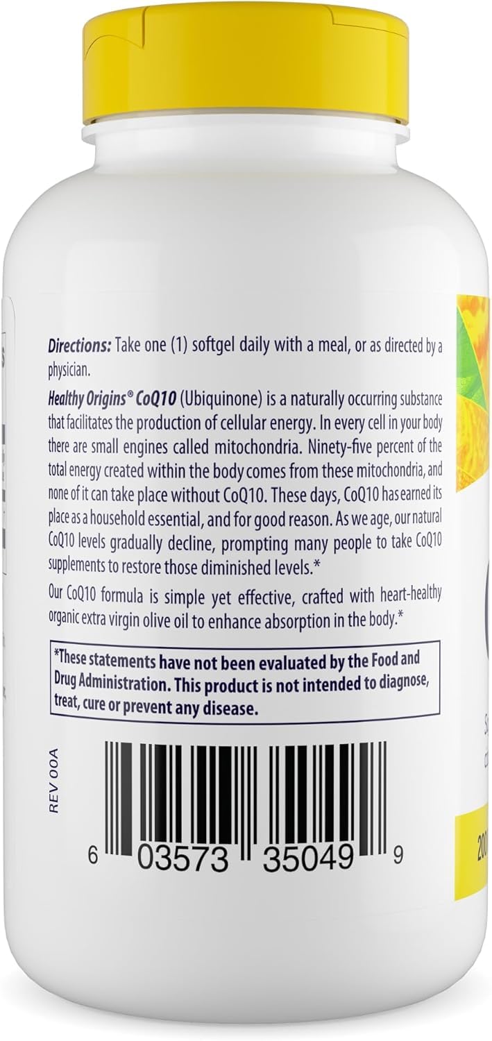 Healthy Origins CoQ10 300 mg bottle back view showing labeling and non-GMO promise.