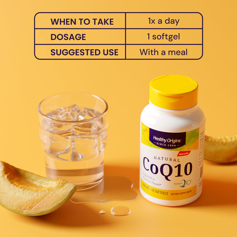 Healthy Origins CoQ10 300 mg ingredients notes close-up highlight natural trans-isomer for bioavailability.