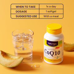 Healthy Origins CoQ10 300 mg ingredients notes close-up highlight natural trans-isomer for bioavailability.
