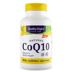 Healthy Origins CoQ10 400 mg bottle with clear label for daily energy support.