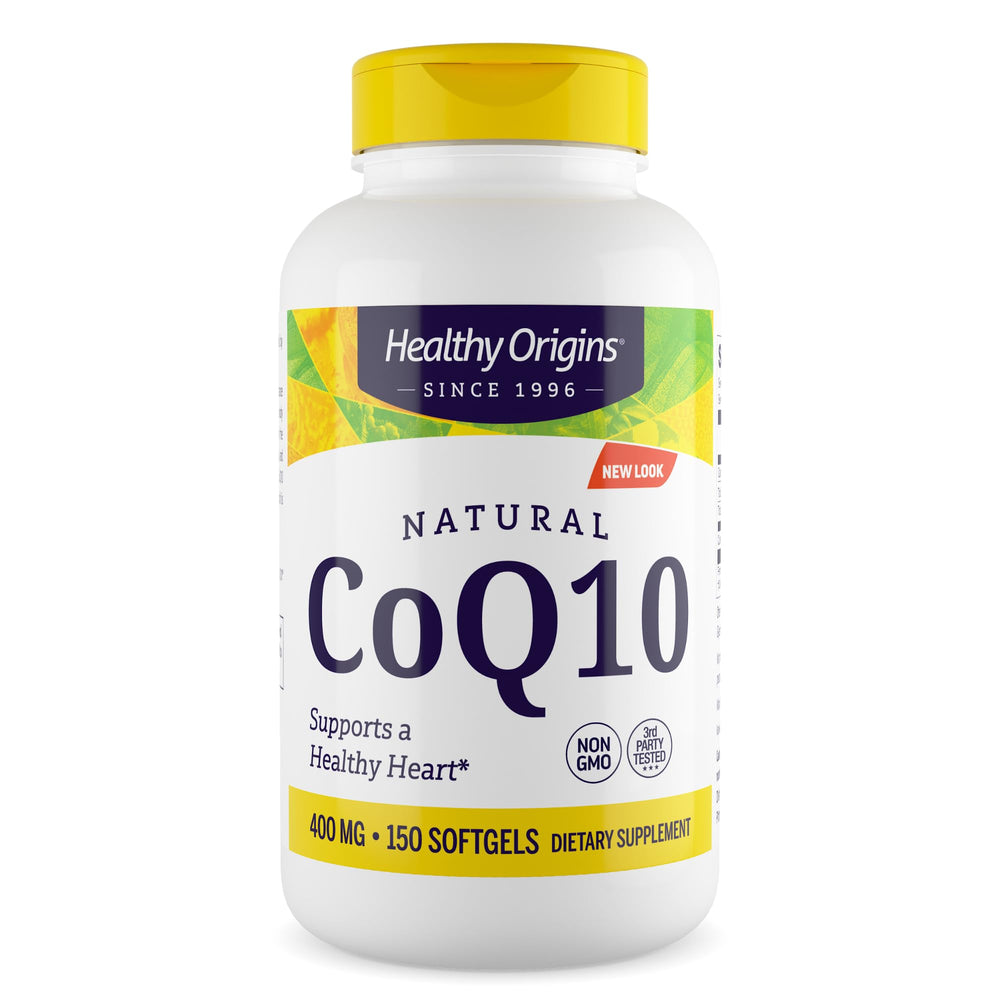 Healthy Origins CoQ10 bottle front view highlighting 400 mg ubiquinone for heart support