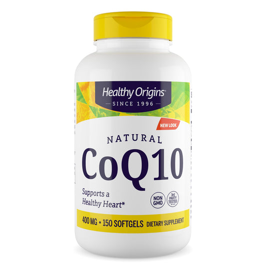 Healthy Origins CoQ10 bottle front view highlighting 400 mg ubiquinone for heart support
