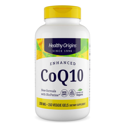 Healthy Origins CoQ10 bottle front; supports cellular energy for daily activity.