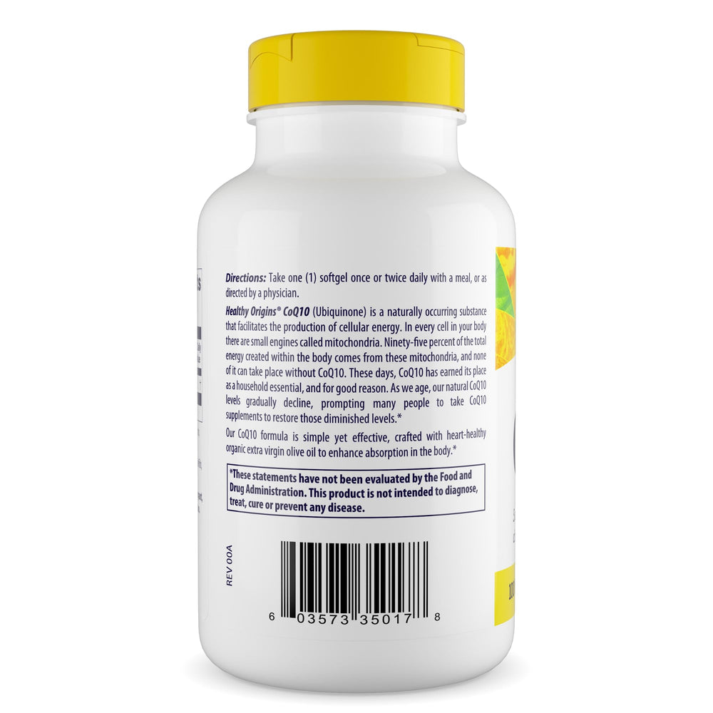 Healthy Origins CoQ10 softgel pouring out shows easy-to-take daily energy support.