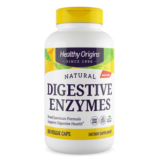 Healthy Origins Digestive Enzymes bottle label—gluten-free formula for daily digestive balance.