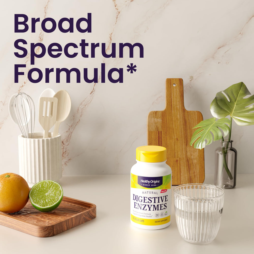 Close-up of Healthy Origins Digestive Enzymes label emphasizing ingredients and dosage.