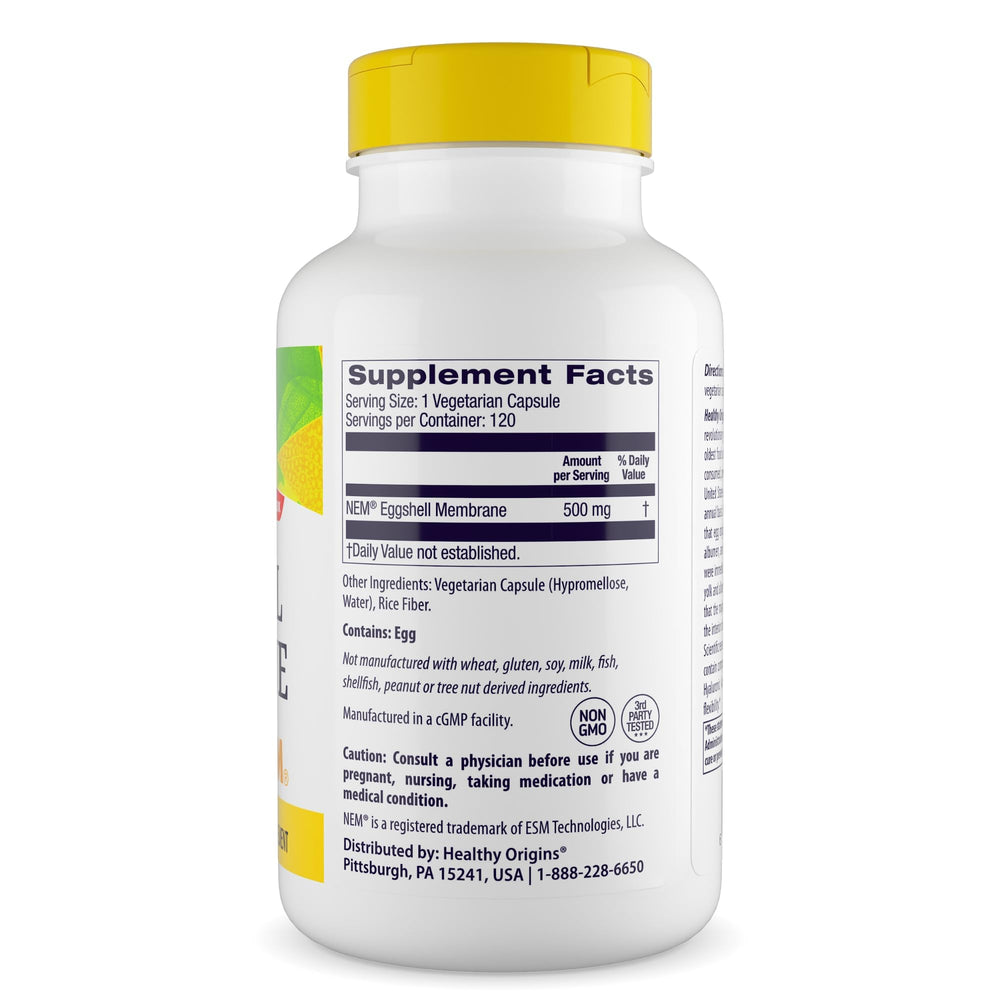 Closeup of Healthy Origins eggshell membrane capsules for easy daily use.