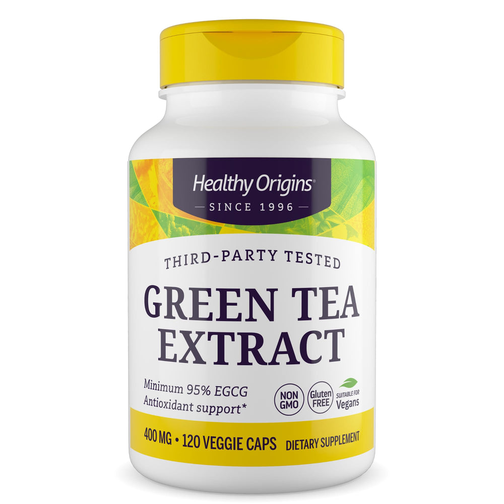 Healthy Origins Green Tea Extract bottle showcases potent EGCG content for daily antioxidant support.