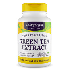 Healthy Origins Green Tea Extract bottle showcases potent EGCG content for daily antioxidant support.