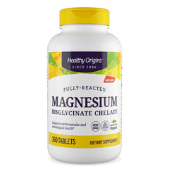 Healthy Origins magnesium bisglycinate chelate bottle showing high absorption and vegan suitability.