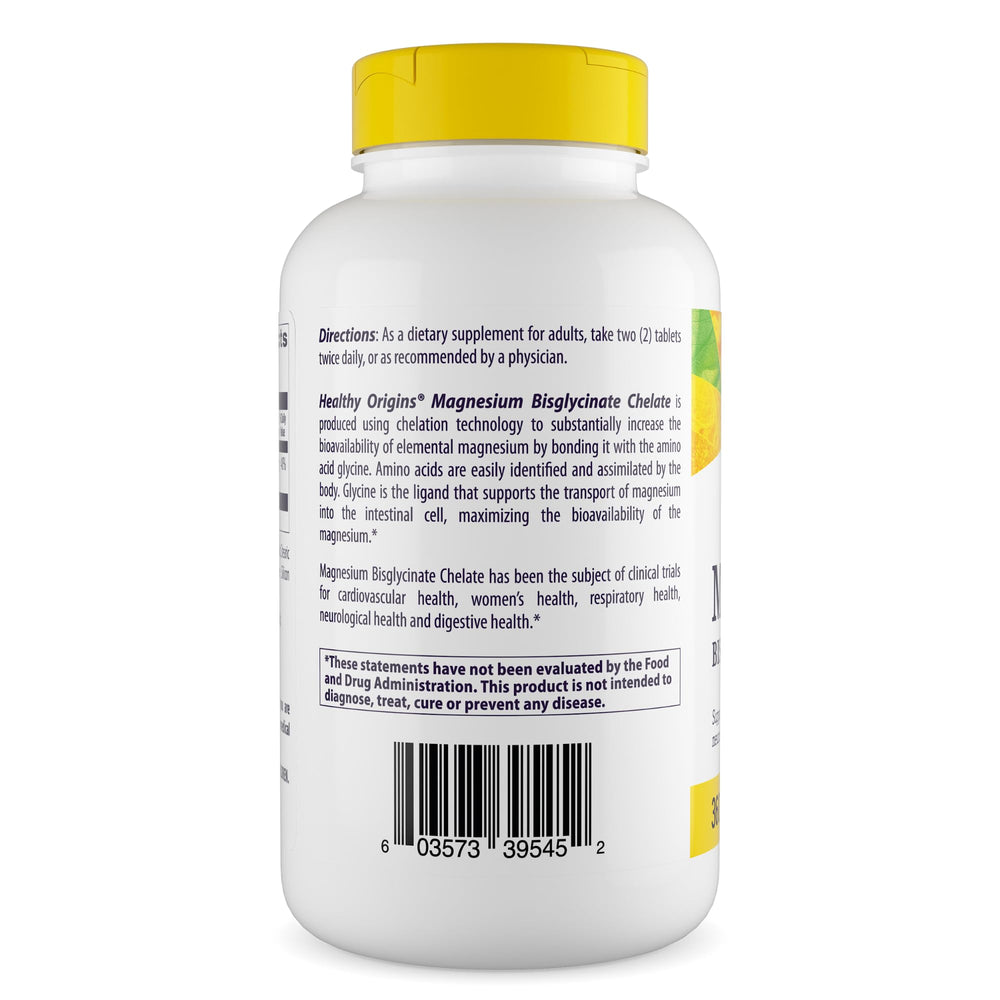 Healthy Origins magnesium tablets closeup highlighting small, gentle-digesting capsules for daily use.