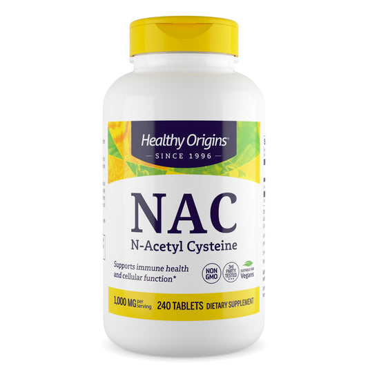 Healthy Origins NAC bottle front shows a clean label for reliable immune support.