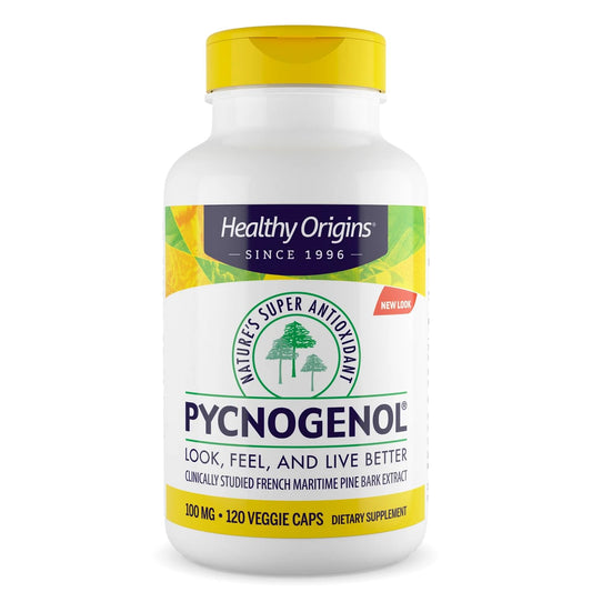 Healthy Origins Pycnogenol 100mg bottle highlighting natural antioxidant support.