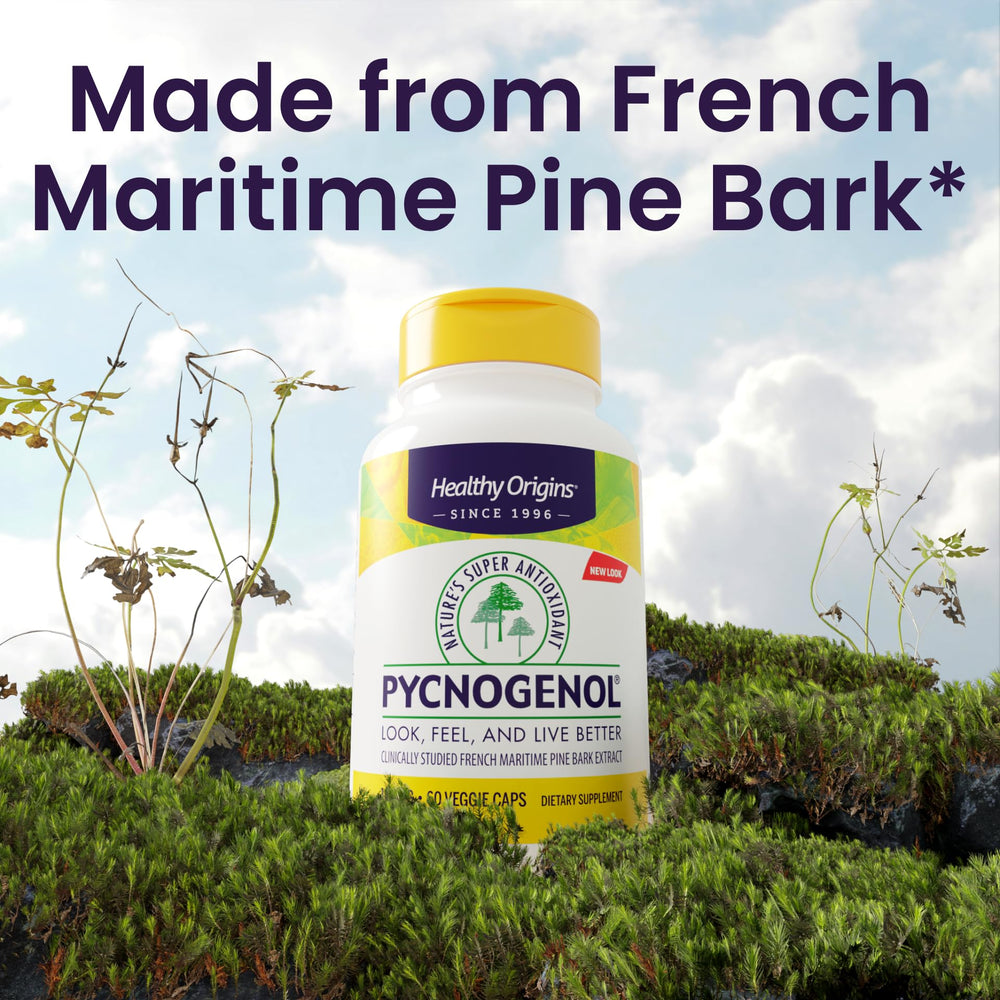 Healthy Origins Pycnogenol bottle with glass, illustrating daily wellness ritual.