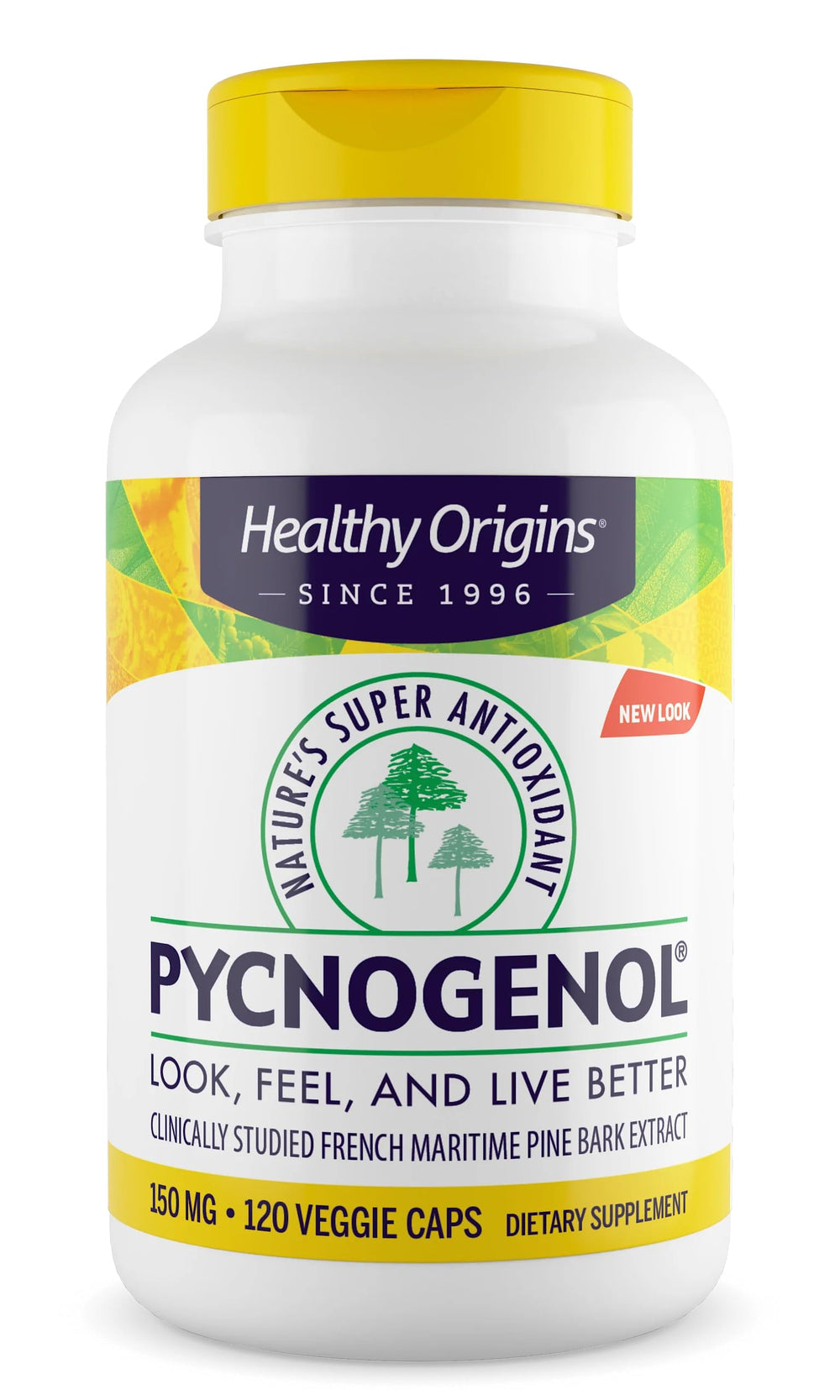 Healthy Origins Pycnogenol bottle front view highlighting antioxidants.