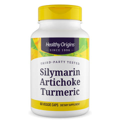 Healthy Origins Silymarin Artichoke Turmeric bottle close-up promotes liver health.