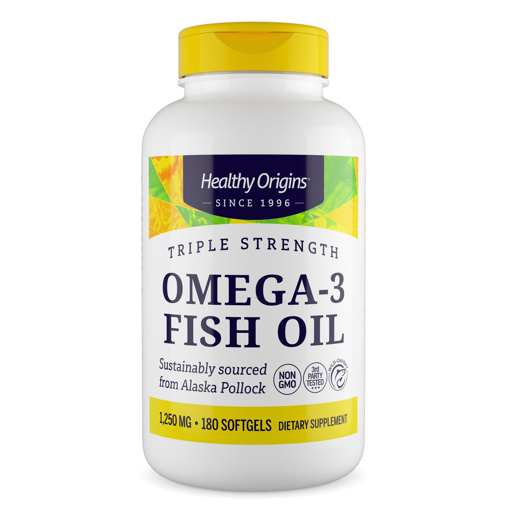 Healthy Origins triple-strength omega-3 bottle close-up showing DHA and EPA for daily supplementation