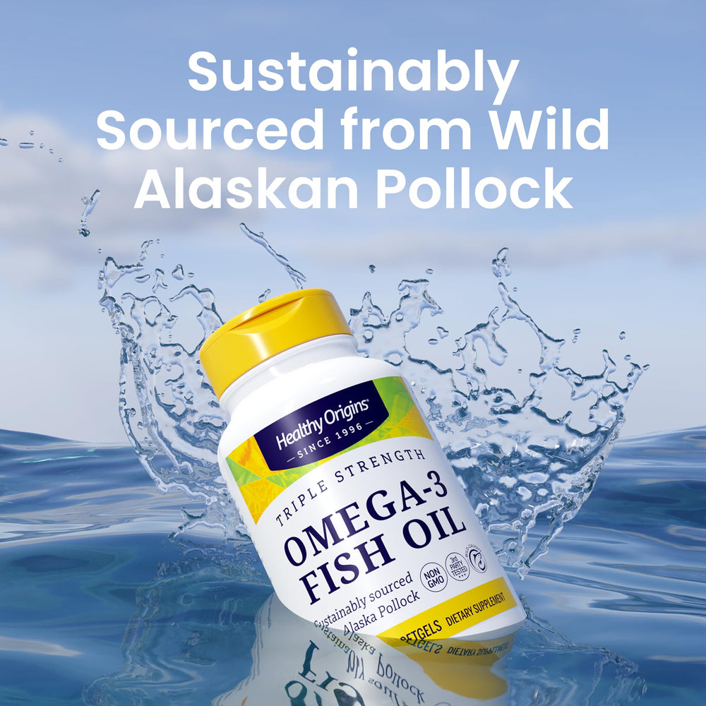 Healthy Origins omega-3 softgels in bottle for easy daily intake