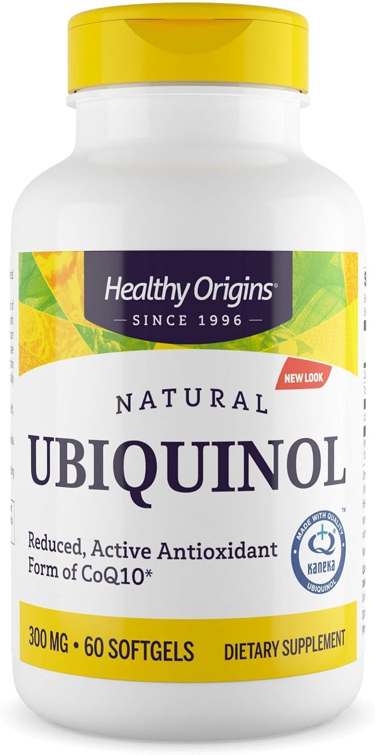 Healthy Origins Ubiquinol 300 mg bottle highlighting heart health support potential.