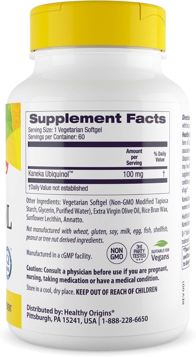 Healthy Origins ubiquinol softgels show active form support for daily wellness.