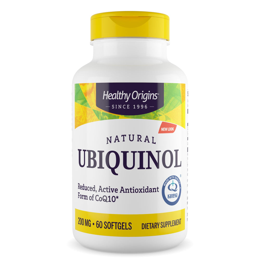 Healthy Origins ubiquinol bottle front view highlighting 200 mg potency for daily support