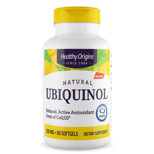 Healthy Origins ubiquinol bottle front view highlighting 200 mg potency for daily support