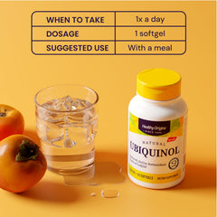 Healthy Origins ubiquinol cap pour illustrating convenient daily dosage.