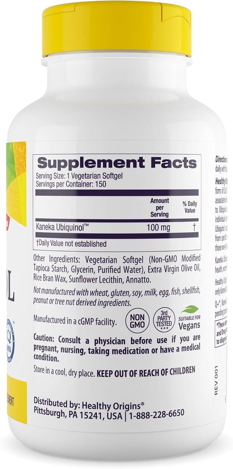 Close-up of Healthy Origins ubiquinol softgels, small and easy to swallow.