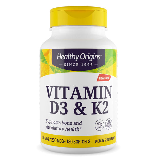 Healthy Origins Vitamin D3 + K2 bottle label highlights bone support potential