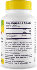 Healthy Origins Vitamin K2 MK-7 bottle side highlights compact veggie gel form for everyday use
