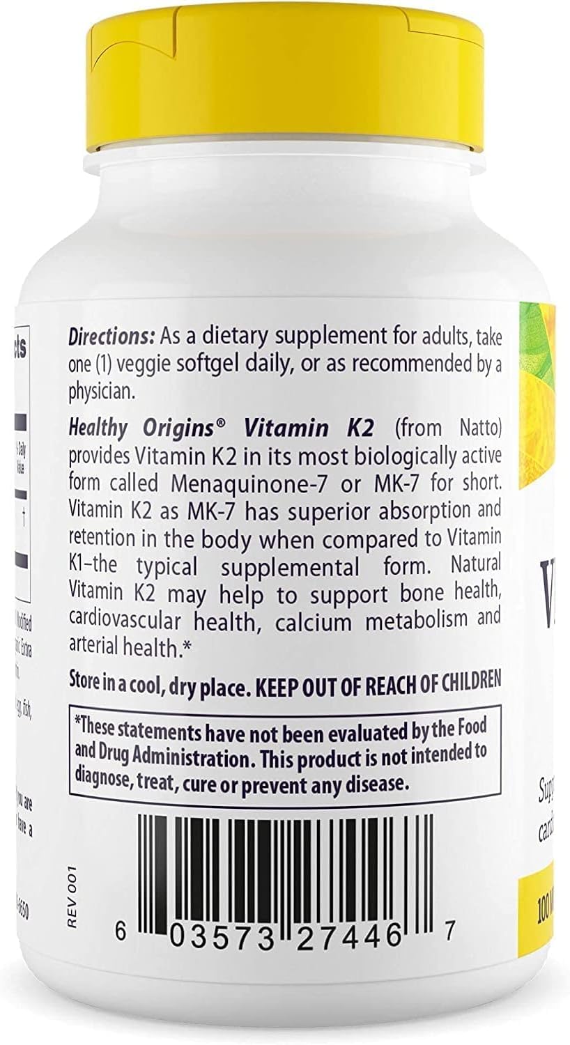 Healthy Origins Vitamin K2 MK-7 capsules close-up emphasizes bioavailable MK-7 potency