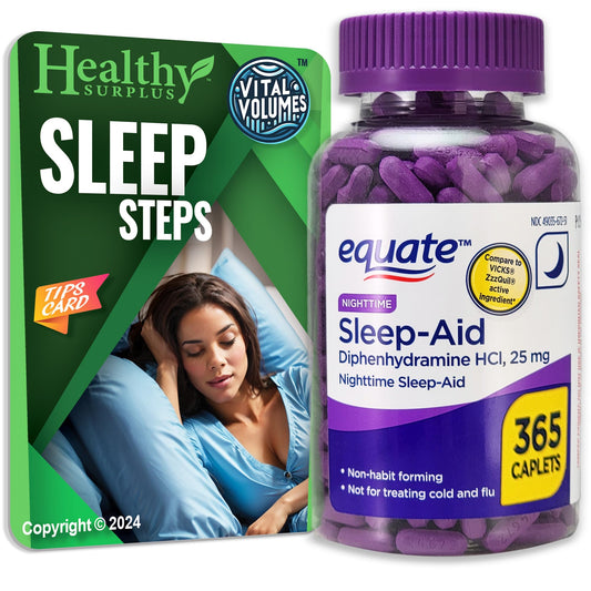 Healthy Surplus Equate Sleep-Aid caplets bottle view for restful nights and easier sleep onset.