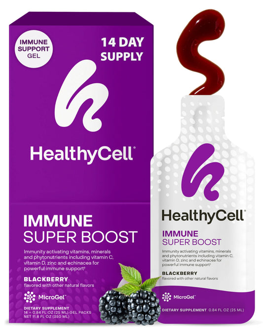 HealthyCell Immune Super Boost bottle label featuring premium immune formula