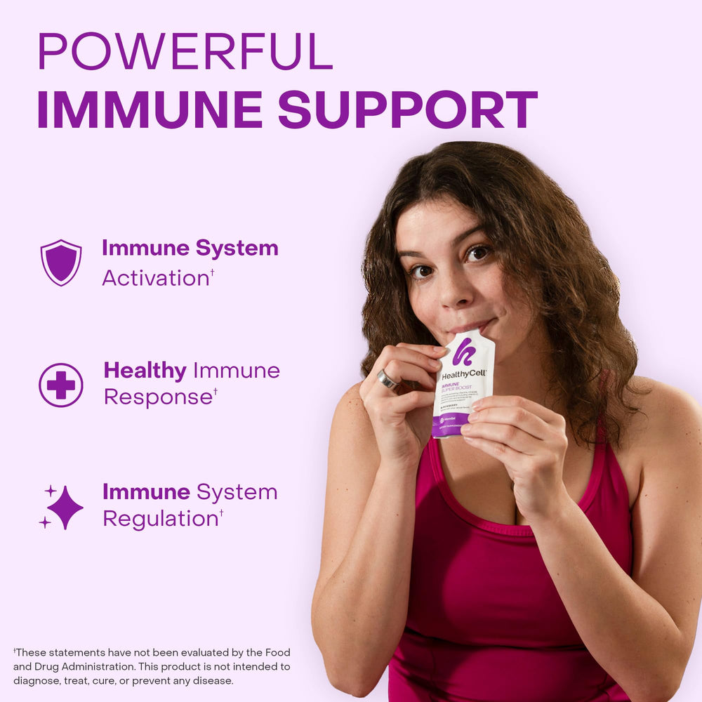 HealthyCell Immune Super Boost gel pack closeup showing blackberry flavor