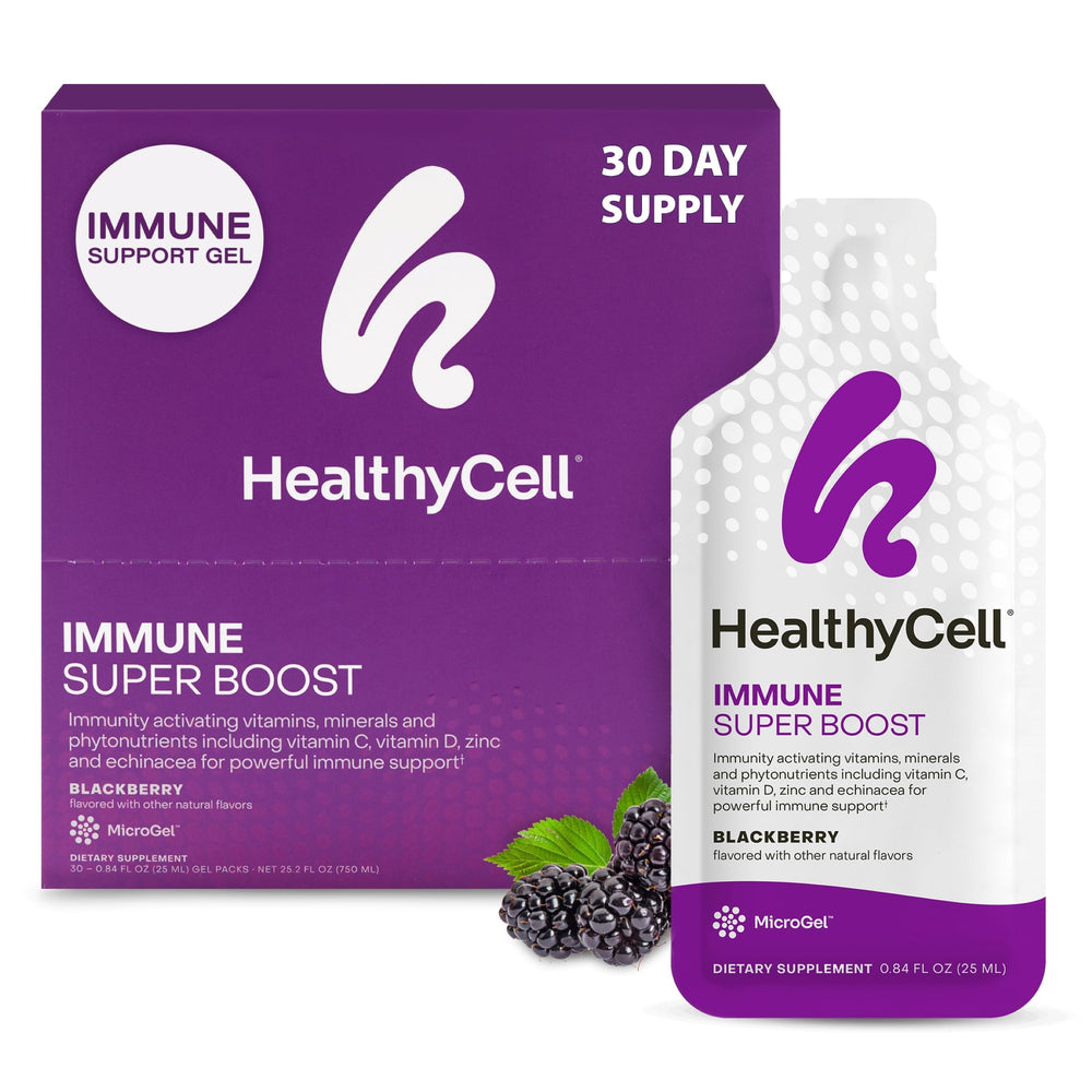 HealthyCell Immune Super Boost gel pack in blackberry flavor for convenient daily immune support.