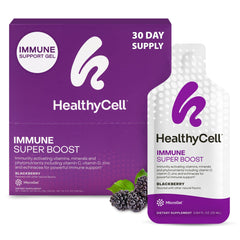 HealthyCell Immune Super Boost gel pack in blackberry flavor for convenient daily immune support.