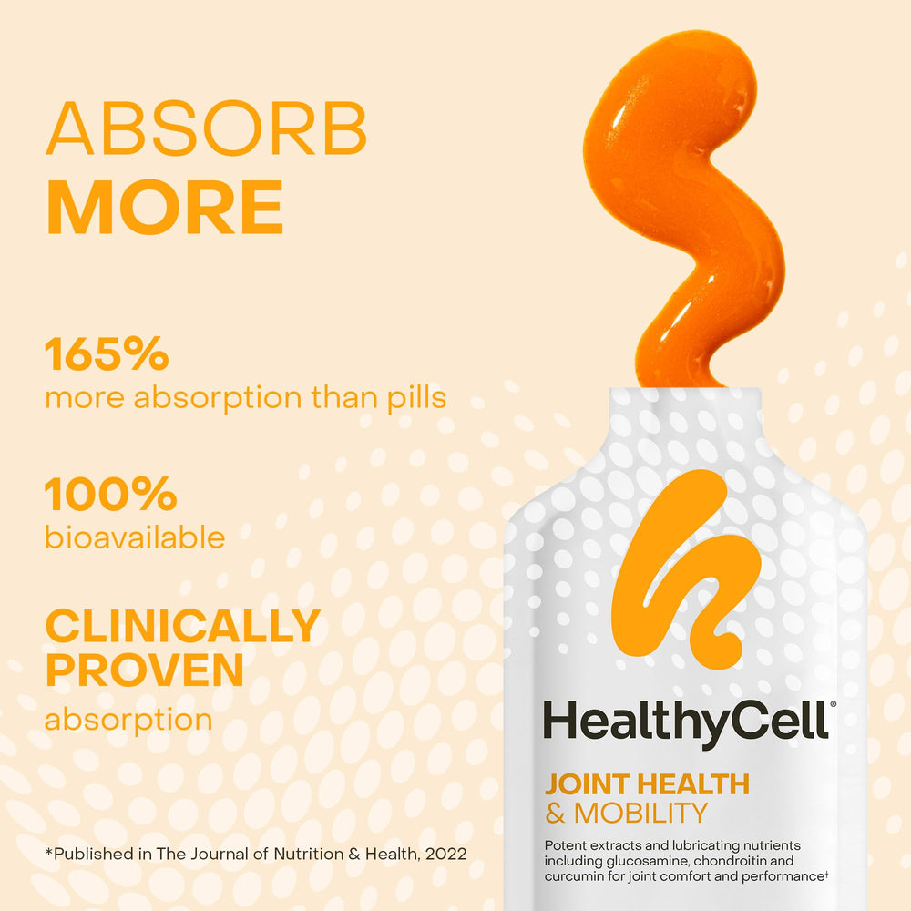 HealthyCell Joint Health MicroGel with fruity orange flavor for daily use.