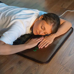 HealthyLine deep FIR therapy penetration shown with jade and tourmaline stones.