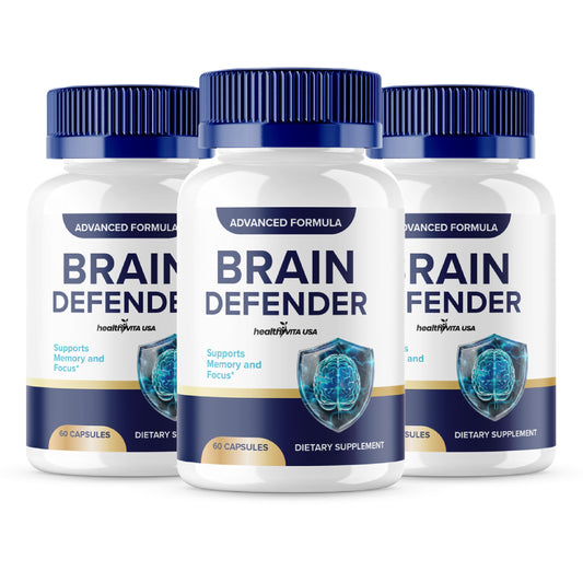 HealthyVita Brain Defender 3-pack bottles shown for convenient daily cognitive support.