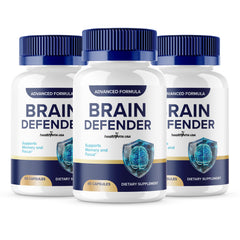 HealthyVita Brain Defender 3-pack bottles shown for convenient daily cognitive support.