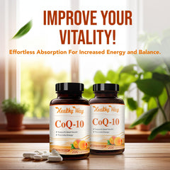 HealthyWayRx CoQ10 200mg label shows non-GMO assurance.