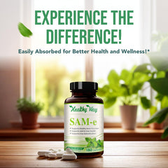 Glass of water beside HealthyWayRx SAM-e for daily use.