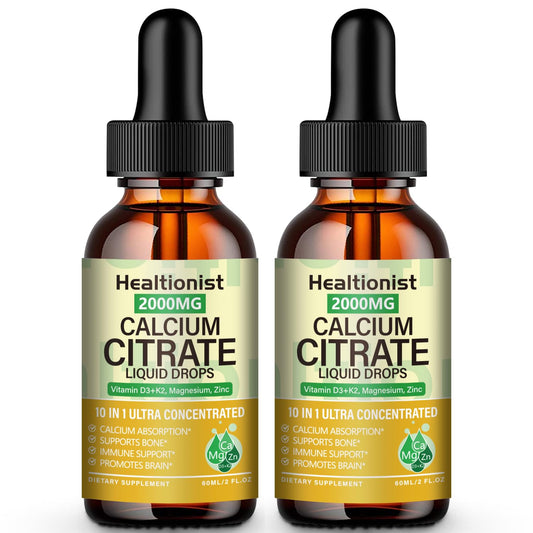 Healtionist calcium citrate liquid drops bottle on counter supporting daily bone health