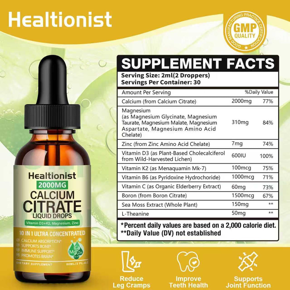 Healtionist calcium citrate liquid drops pour action showing easy dosing