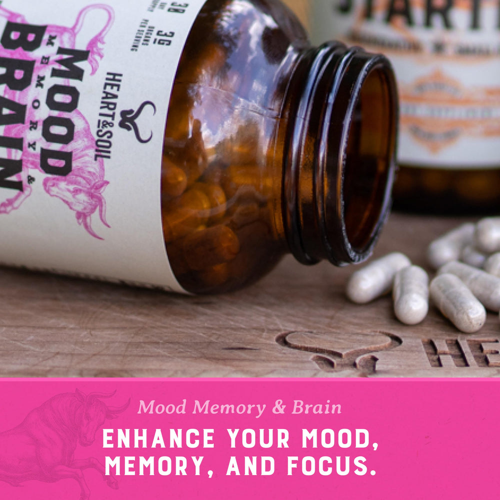 Heart & Soil brain-boosting organs blend bottle suggesting mood support